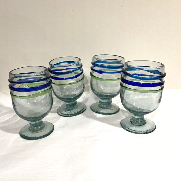 Vintage Pier 1 Imports blown glass goblets 4 blue & green bands made in Mexico